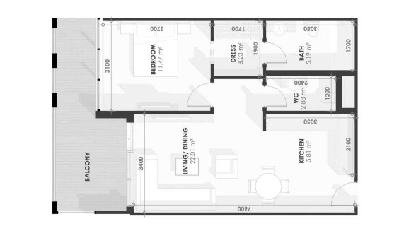 Apartment floor plan, 1 bedroom in Amazonia No. 11028 (2D)
