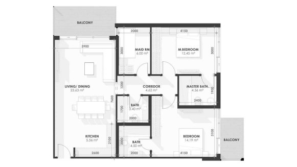 Apartment floor plan, 2 bedrooms in Amazonia No. 11025 (2D)